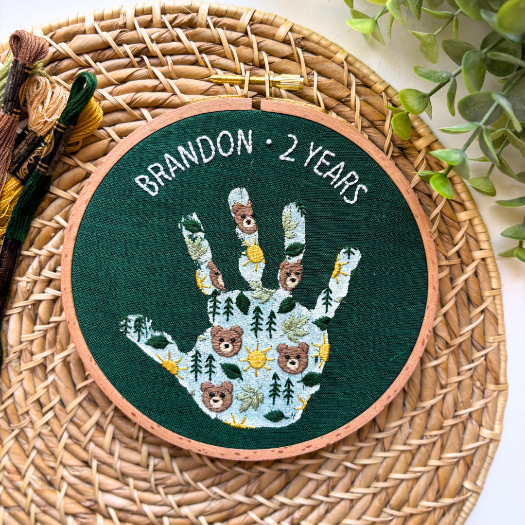 Bear Handprint Embroidery Hoop Stick and Stitch - Kids Handprint Craft