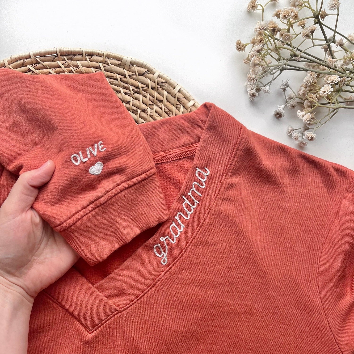 DIY Embroidery Sweatshirt Grandma Kids Names Hand Embroidery DIY Personalized Mom Giftful Mama Sweatshirt Heart on Sleeve EmbroideryGift