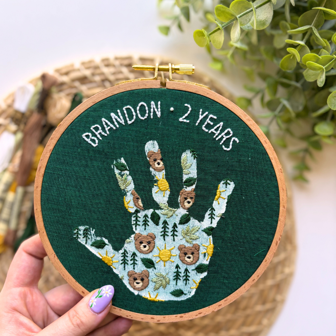 Bear Handprint Embroidery Hoop Stick and Stitch - Kids Handprint Craft