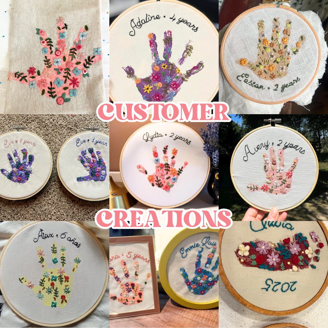 Floral Handprint Embroidery Hoop Stick and Stitch - Kids Handprint Craft