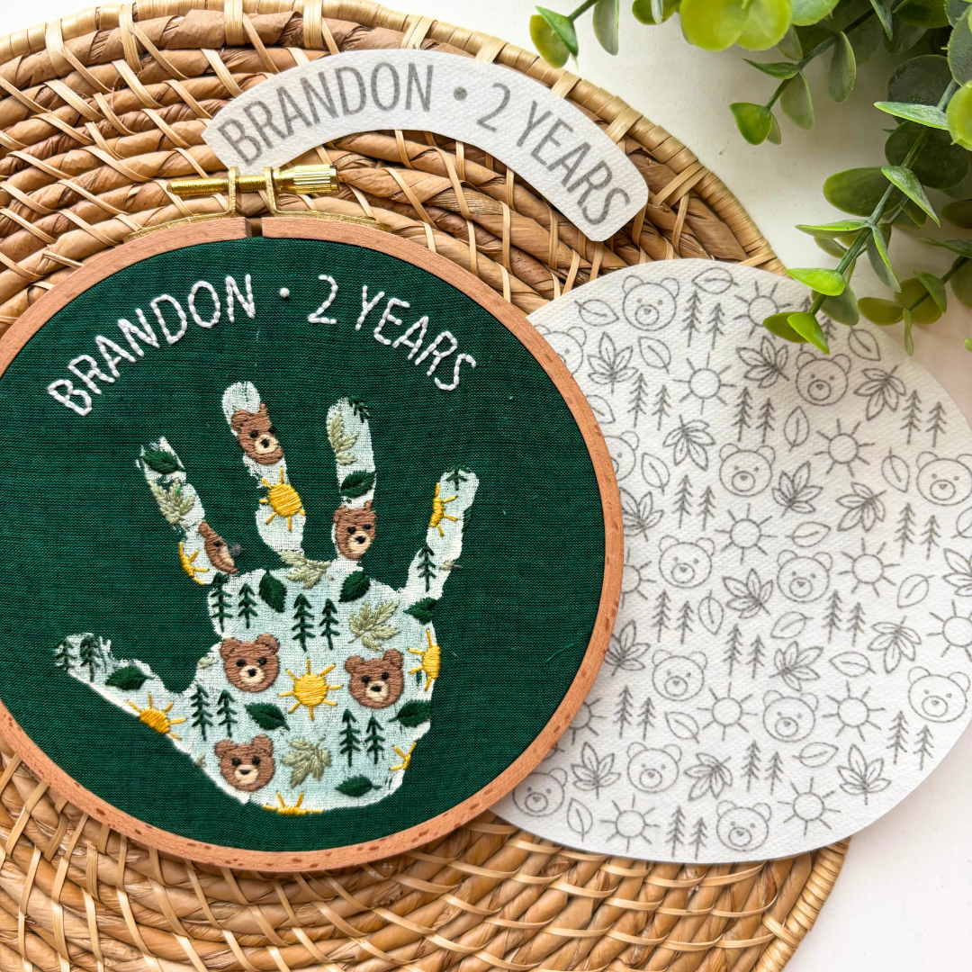 Bear Handprint Embroidery Hoop Stick and Stitch - Kids Handprint Craft