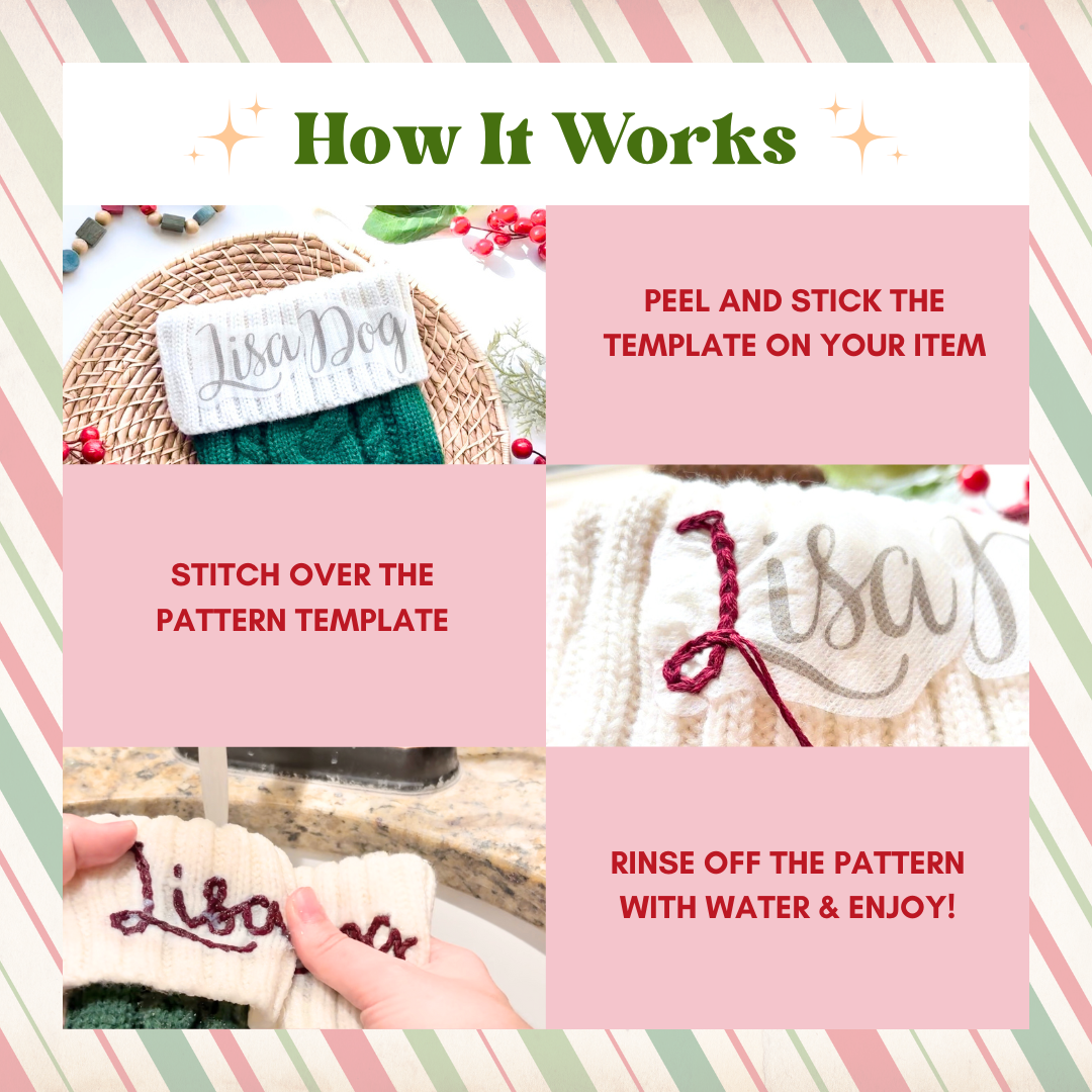 Embroidery Christmas Stocking Kit - Name Stick and Stitch Patterns for Family Keepsake