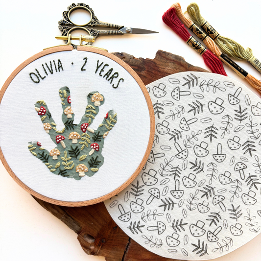Mushroom Handprint Embroidery Hoop Stick and Stitch - Kids Handprint Craft