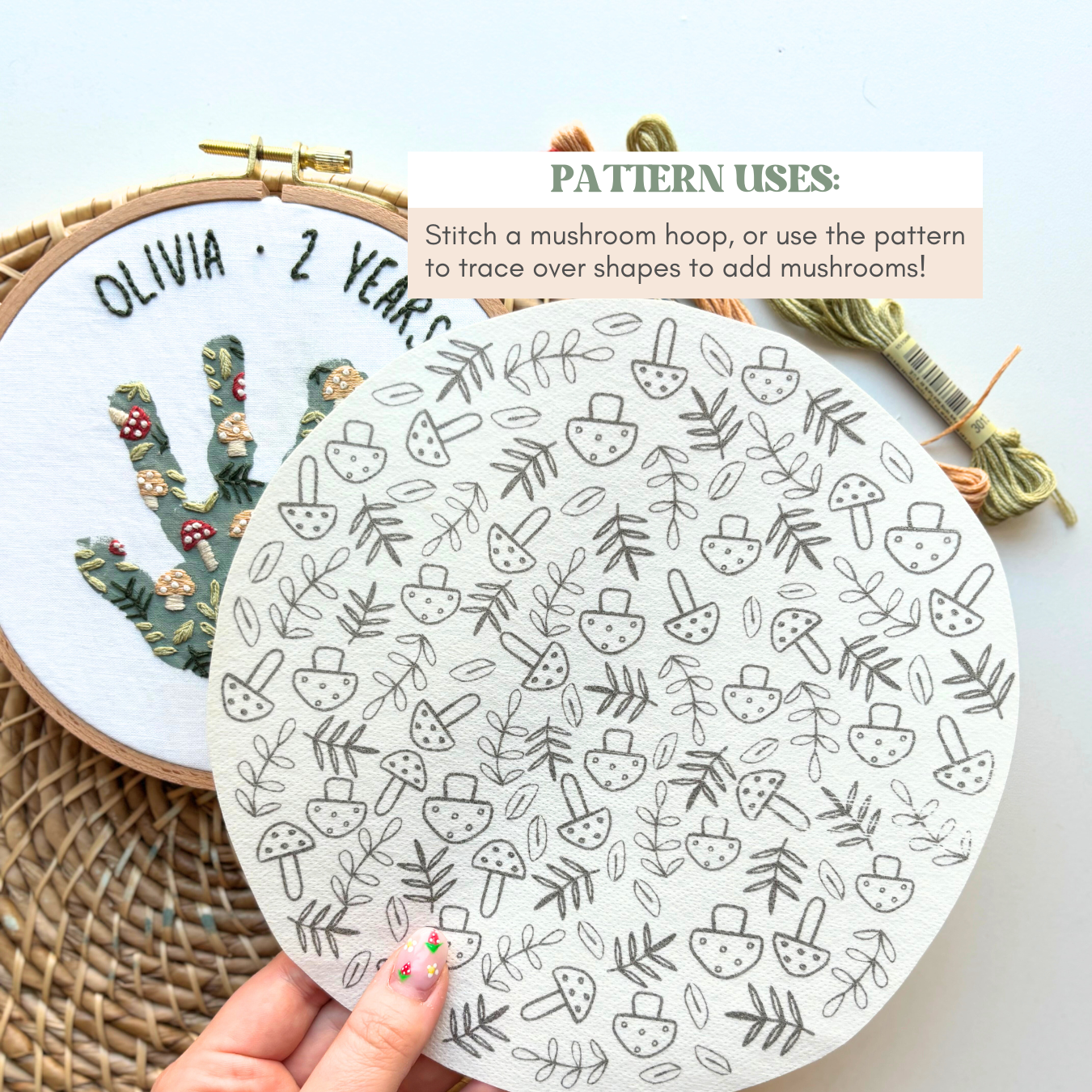 Mushroom Handprint Embroidery Hoop Stick and Stitch - Kids Handprint Craft