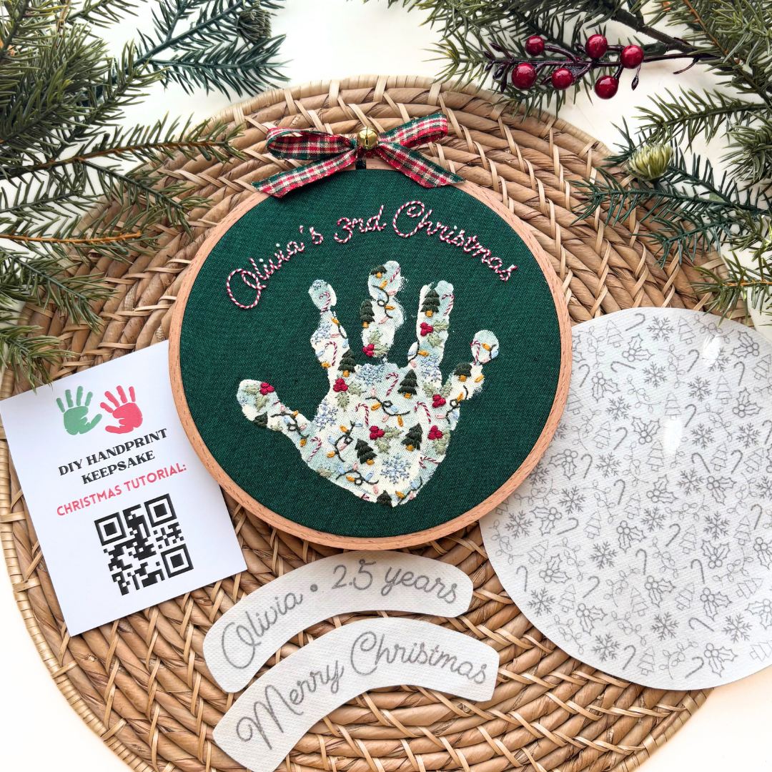 Christmas Handprint Embroidery Hoop Stick and Stitch - Kids Handprint Craft