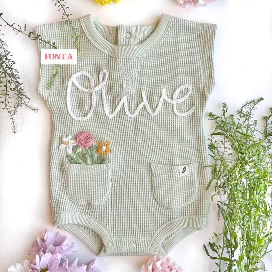 Green Waffle Knit Baby Sweater with White Yarn Embroidery and Flowers