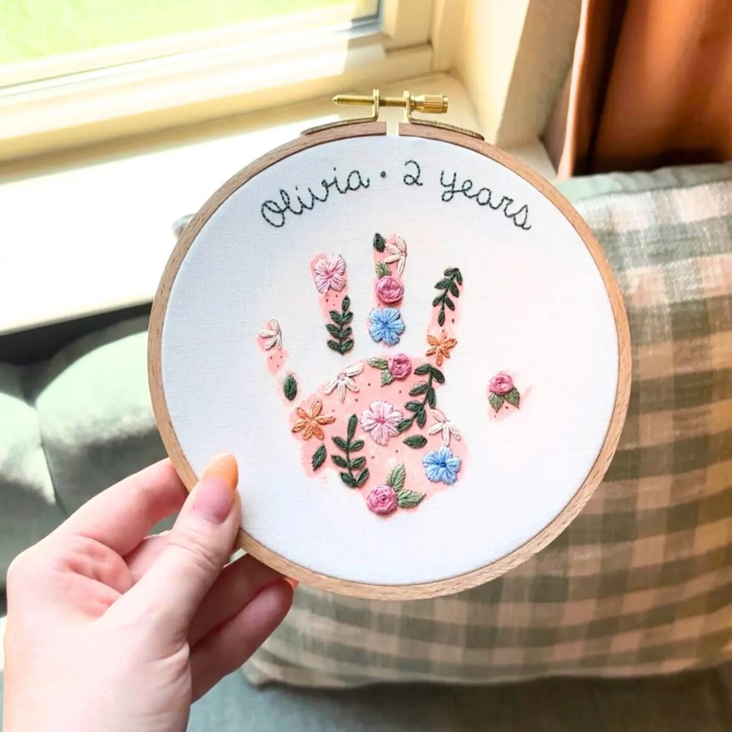 Floral Handprint Embroidery Hoop Stick and Stitch - Kids Handprint Craft