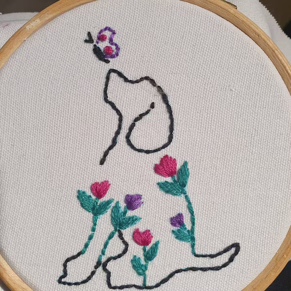 Floral Dog Hand Embroidery PDF Hoop Image