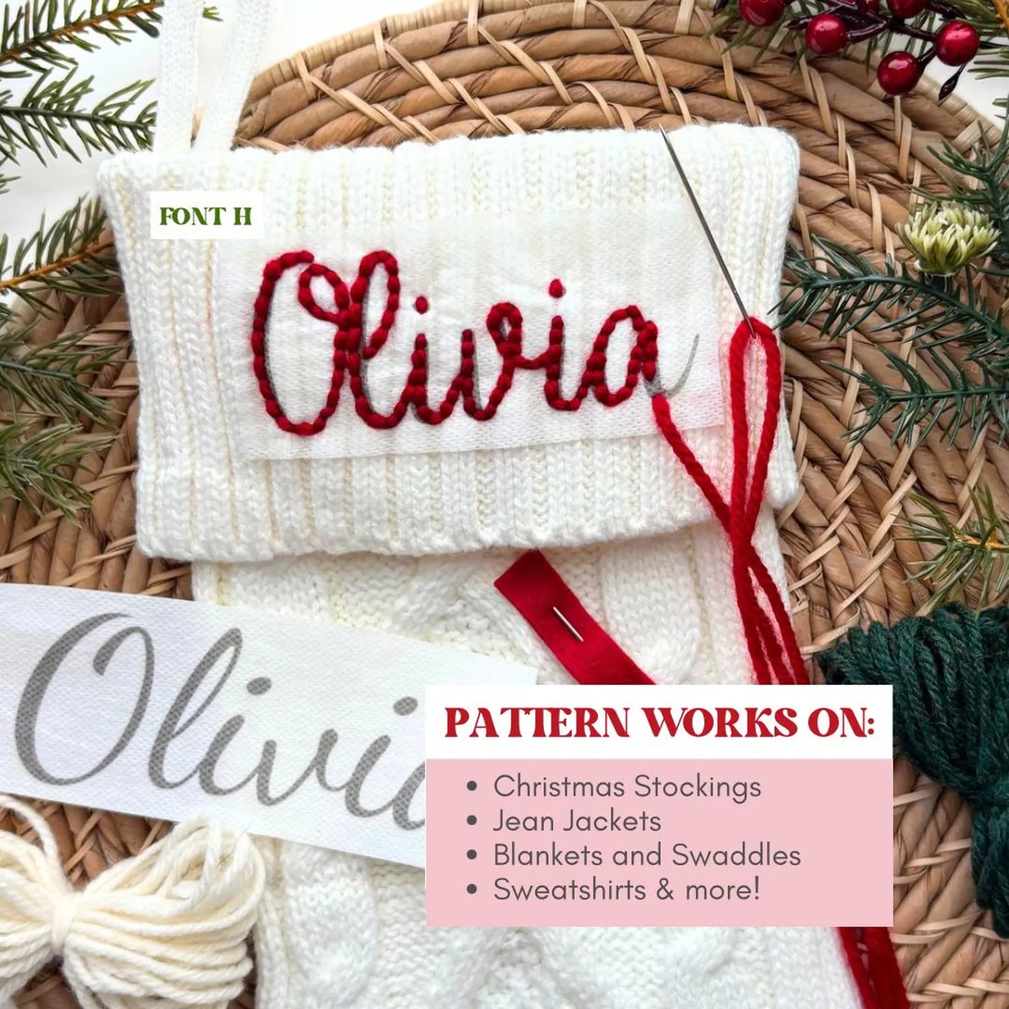 Embroidery Christmas Stocking Kit - Name Stick and Stitch Patterns for Family Keepsake