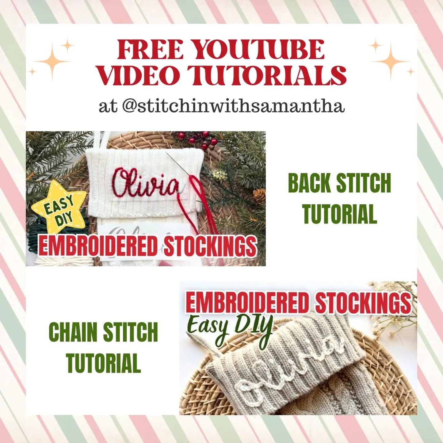 Embroidery Christmas Stocking Kit - Name Stick and Stitch Patterns for Family Keepsake