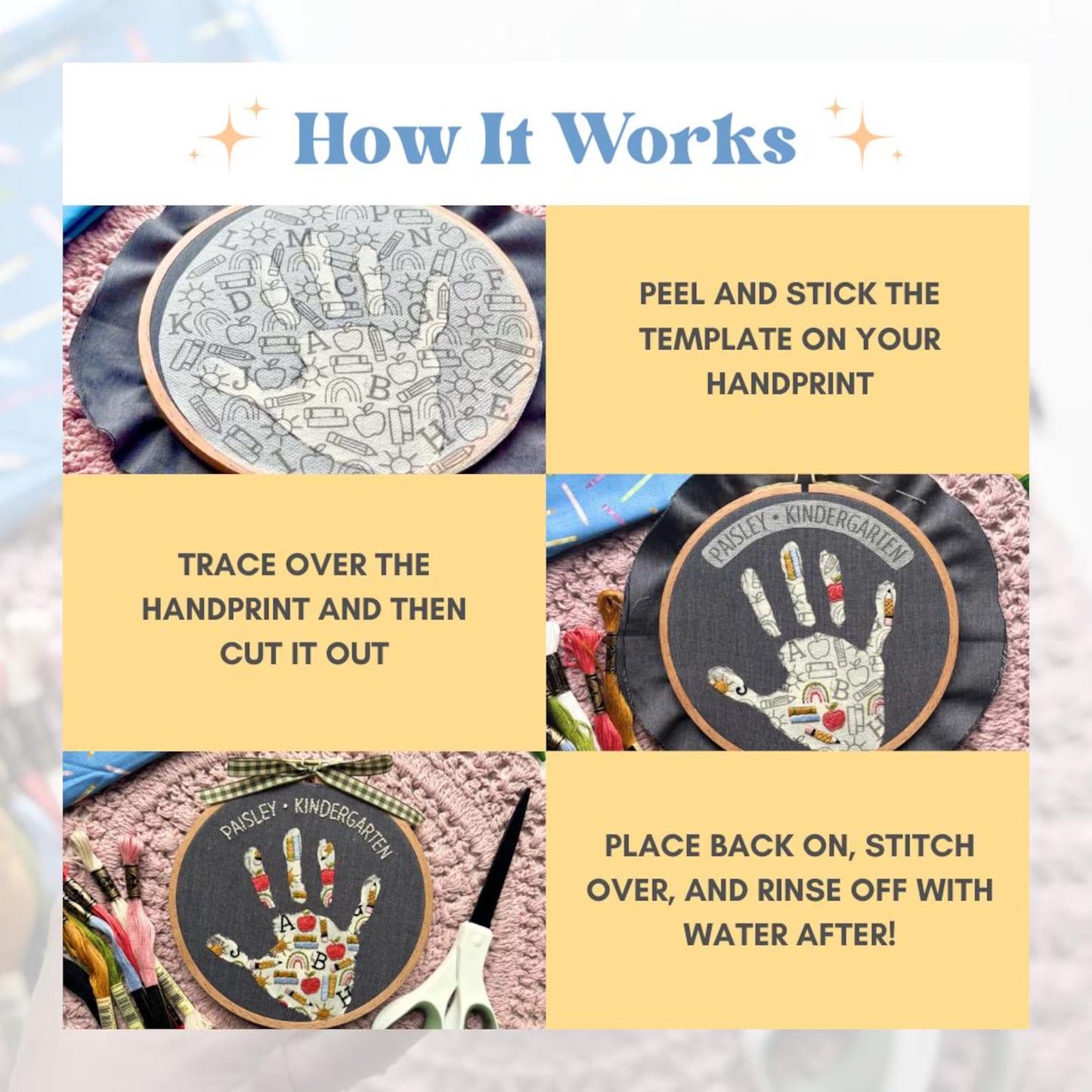 School Handprint Embroidery Hoop Stick and Stitch - Back to School Kids Handprint Craft