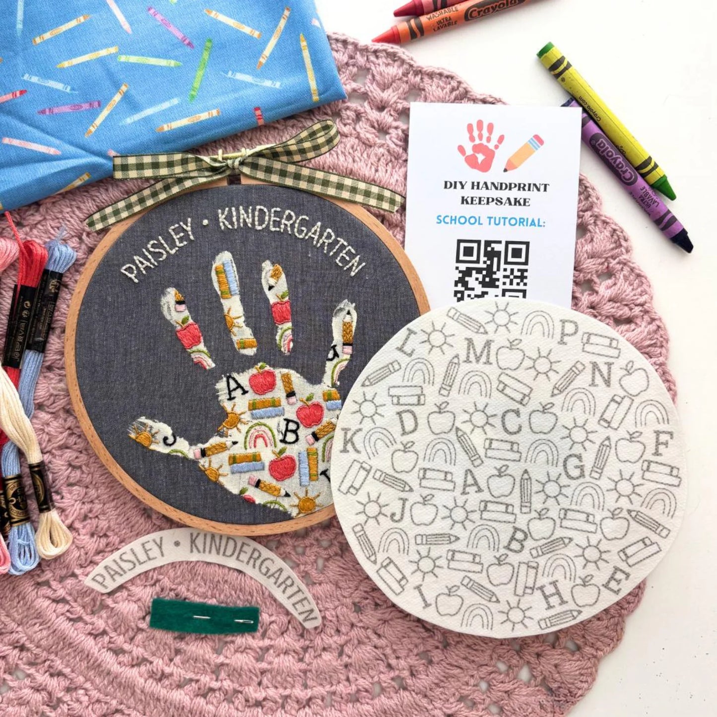 School Handprint Embroidery Hoop Stick and Stitch - Back to School Kids Handprint Craft