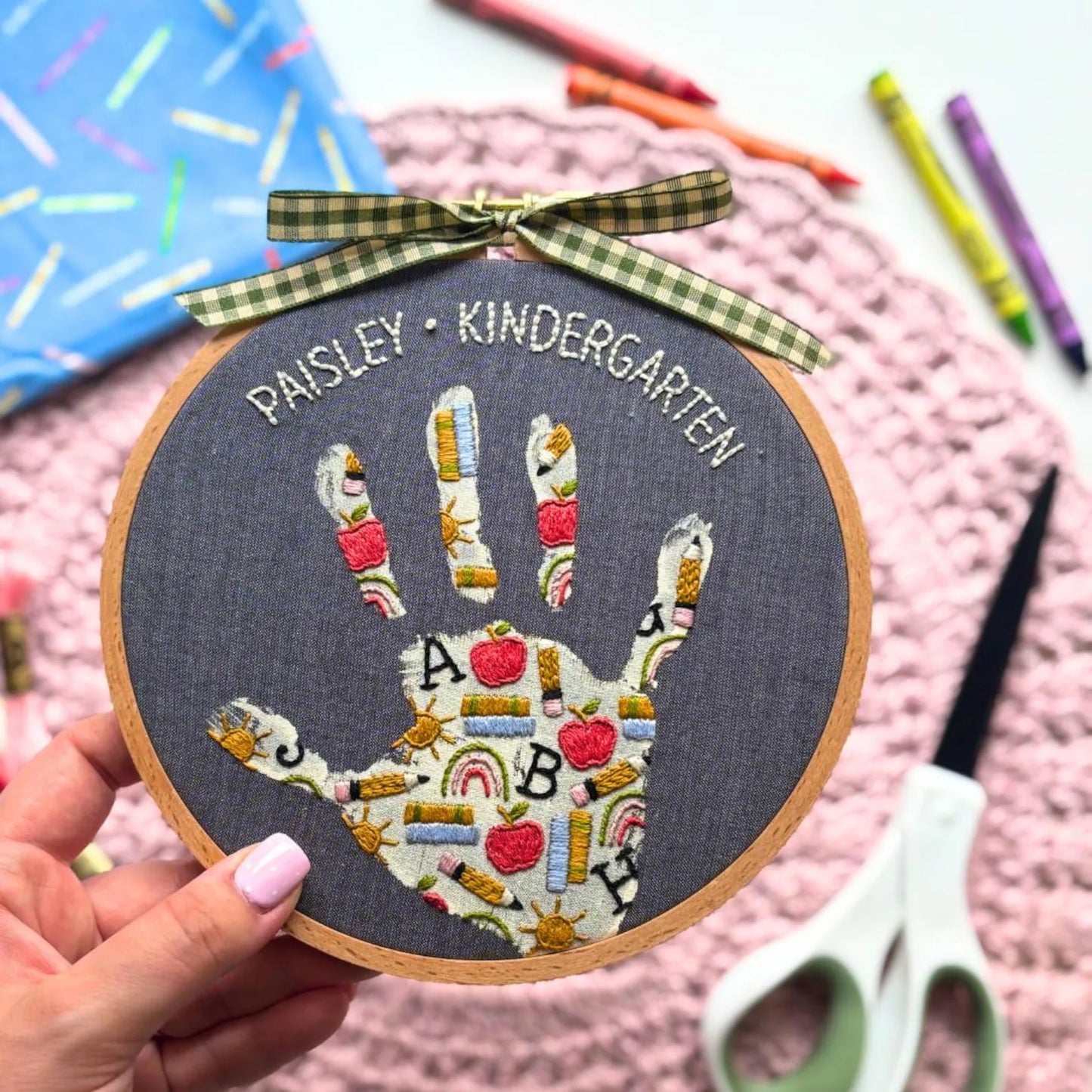 School Handprint Embroidery Hoop Stick and Stitch - Back to School Kids Handprint Craft