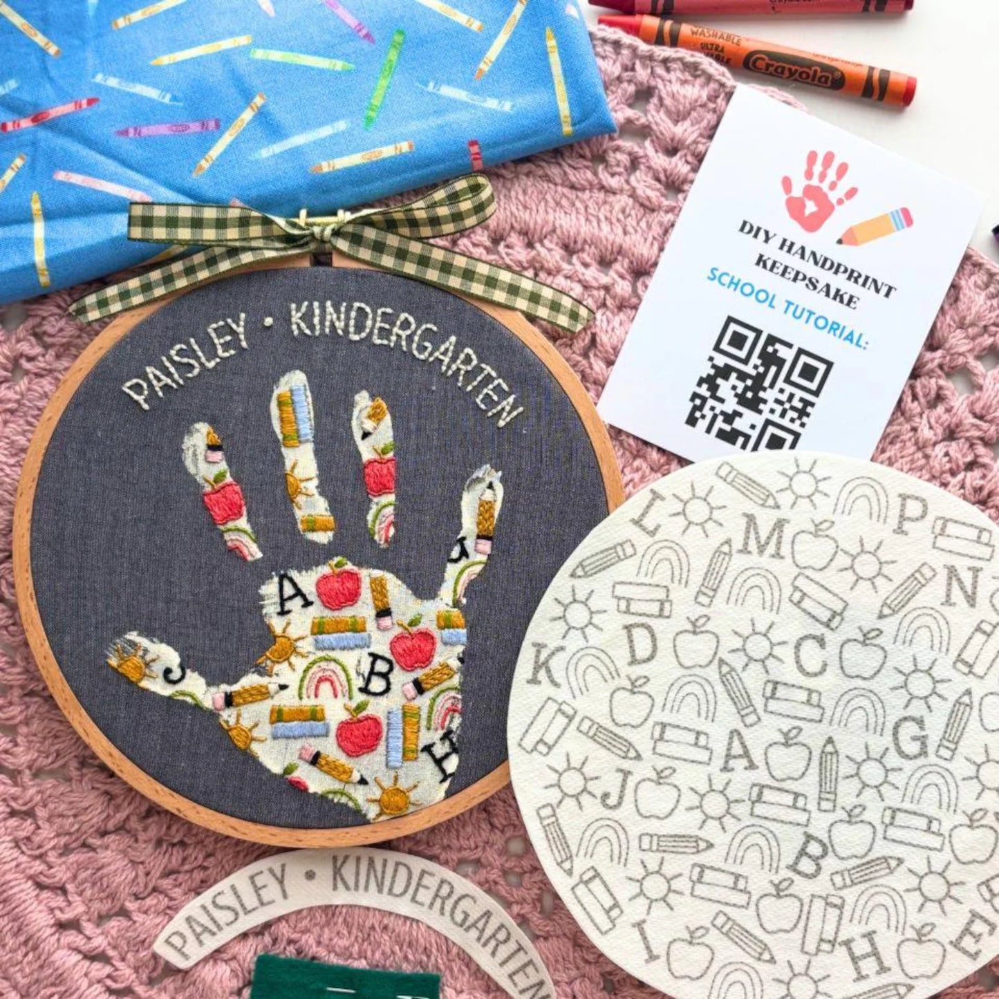 School Handprint Embroidery Hoop Stick and Stitch - Back to School Kids Handprint Craft