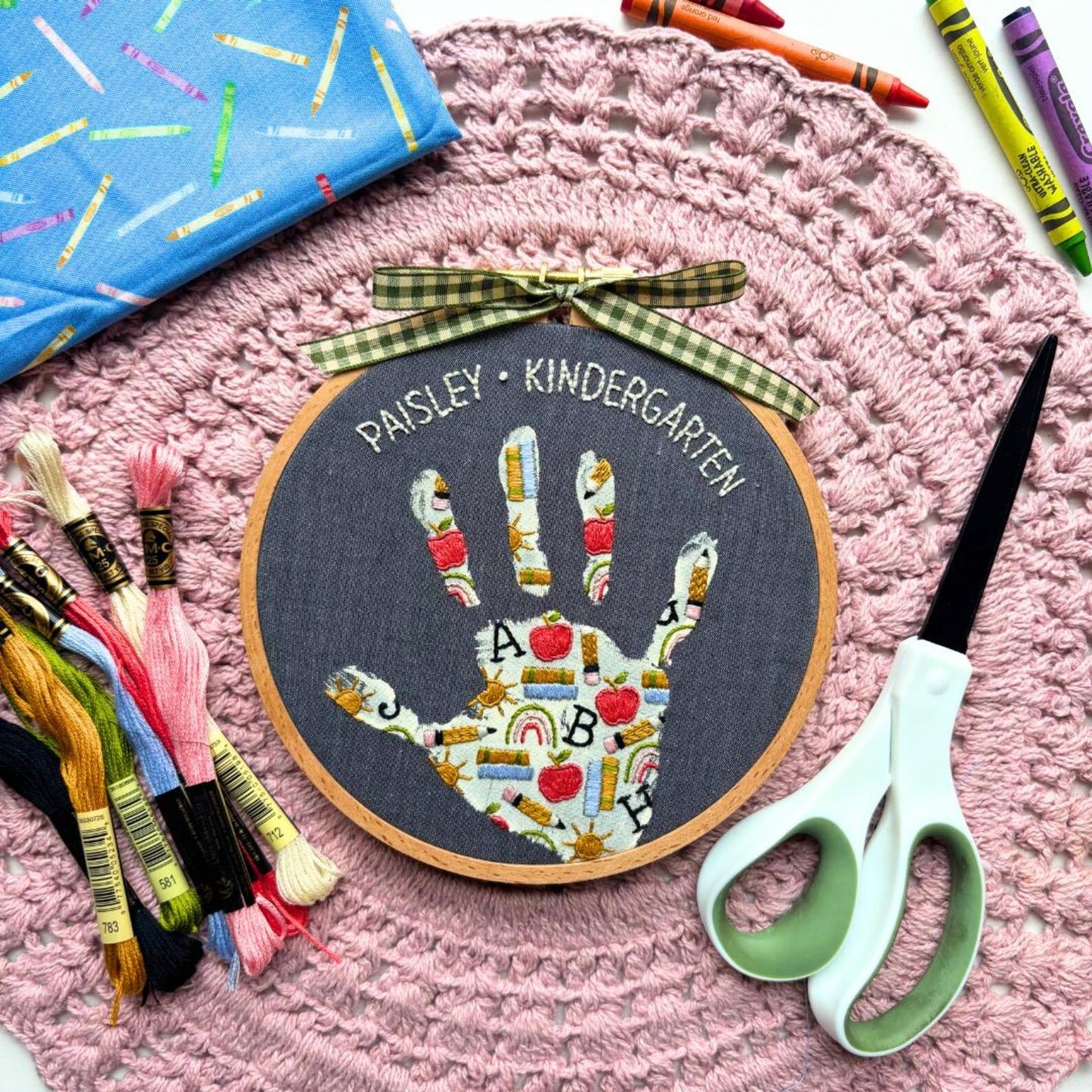 School Handprint Embroidery Hoop Stick and Stitch - Back to School Kids Handprint Craft