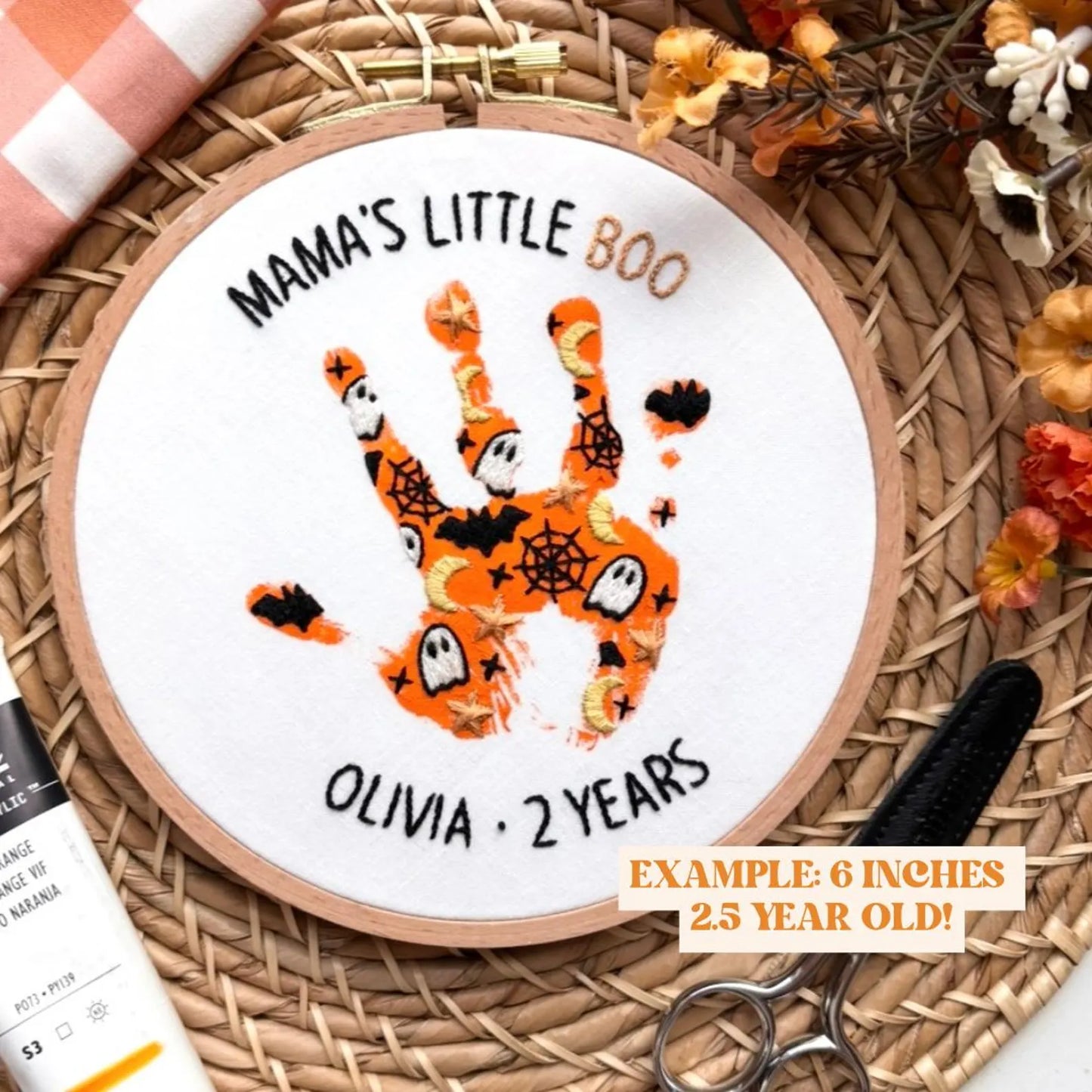 Halloween Handprint Embroidery Hoop Stick and Stitch - Kids Handprint Craft