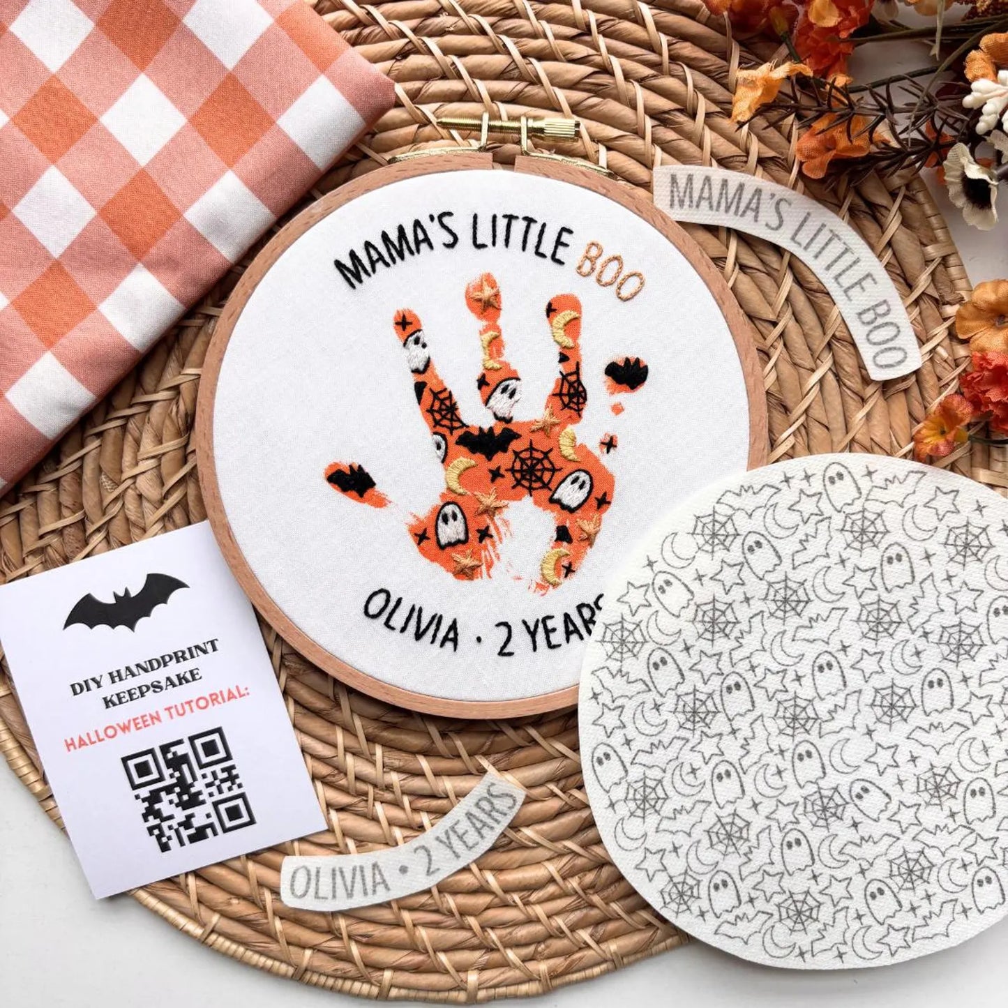 Halloween Handprint Embroidery Hoop Stick and Stitch - Kids Handprint Craft