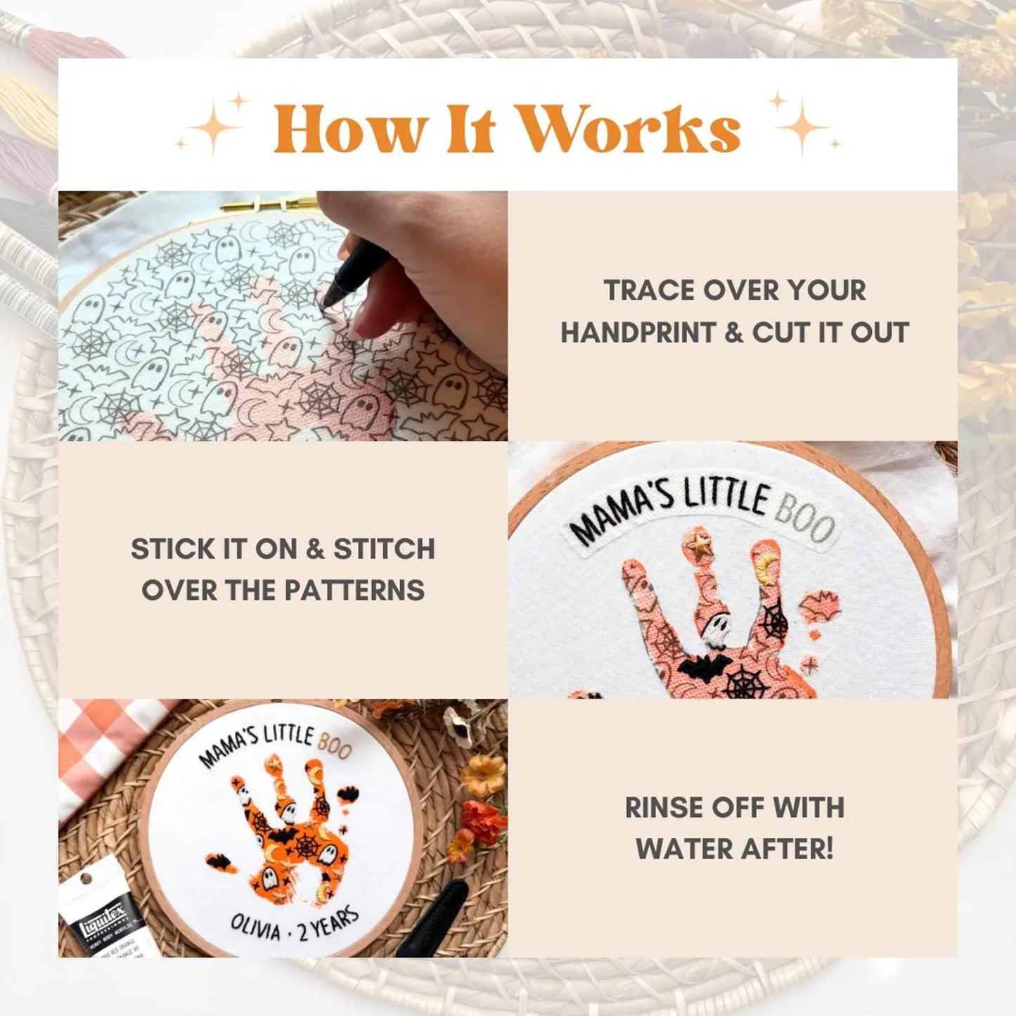 Halloween Handprint Embroidery Hoop Stick and Stitch - Kids Handprint Craft