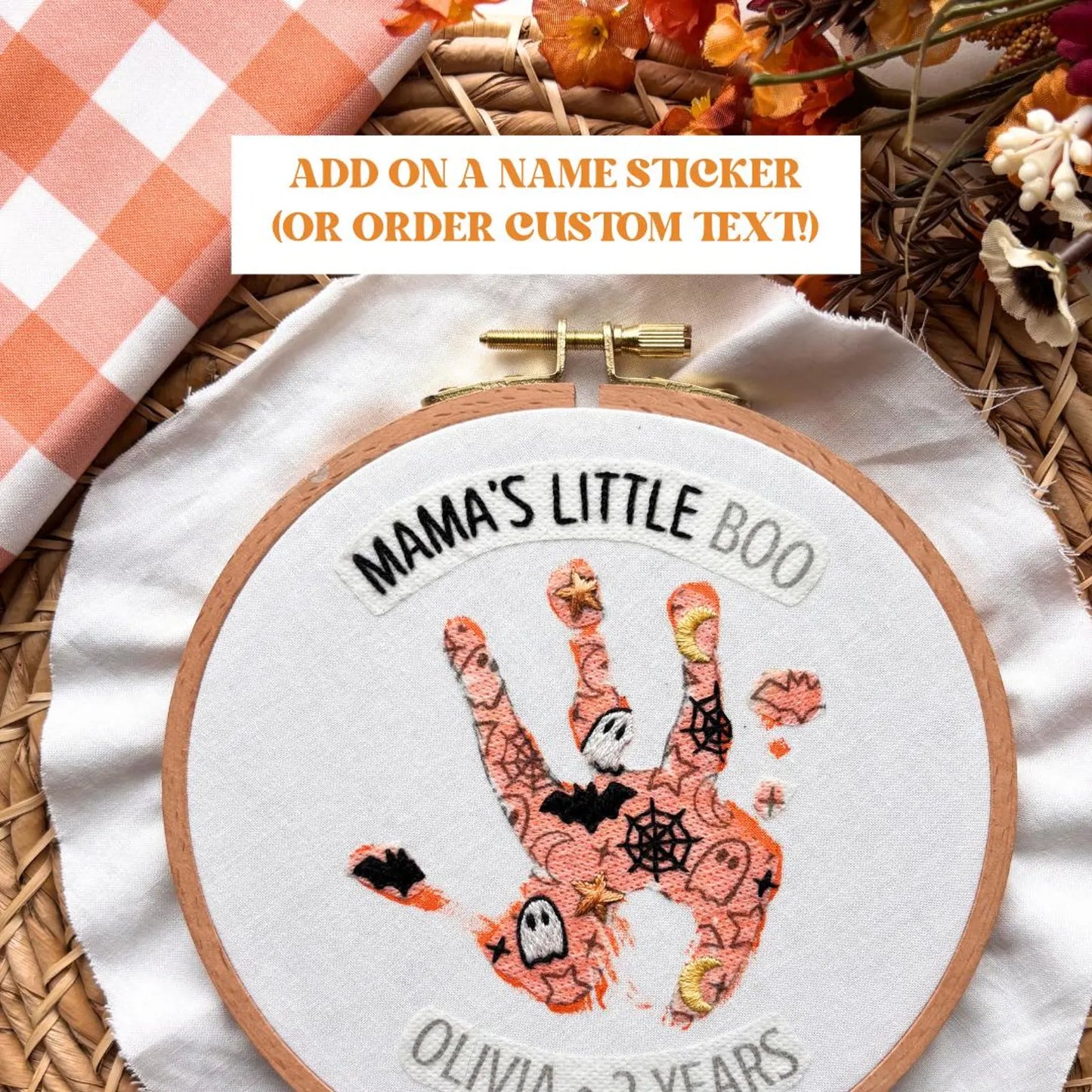 Halloween Handprint Embroidery Hoop Stick and Stitch - Kids Handprint Craft