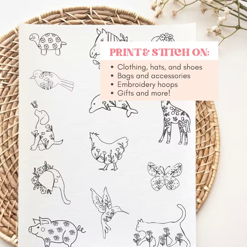 Printable Animal Stick and Stitch Embroidery Pattern Templates