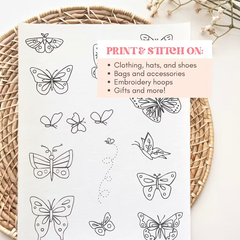 Printable Stick and Stitch Embroidery Butterfly Hand Embroidery Animal Patterns Embroidery Whimsical Embroidery Print Stick Stitch Digital
