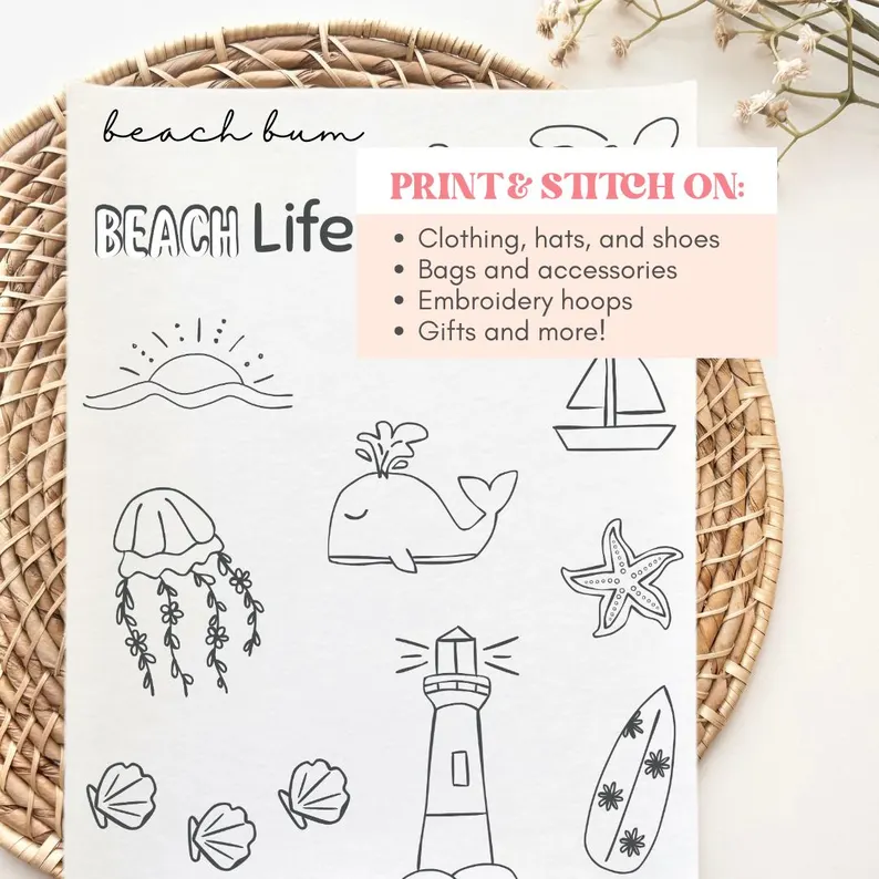 Beach Printable Stick and Stitch Hand Embroidery Templates