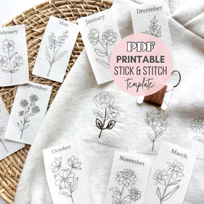Printable Birth Month Flower Stick and Stitch Hand Embroidery PDF Template