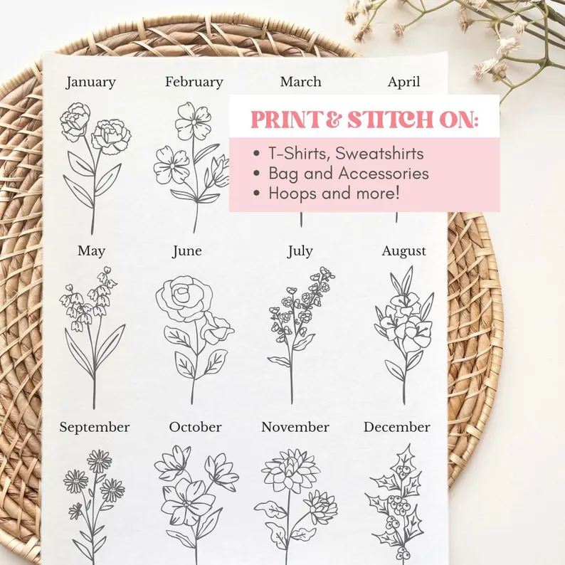 Printable Birth Month Flower Stick and Stitch Hand Embroidery PDF Template