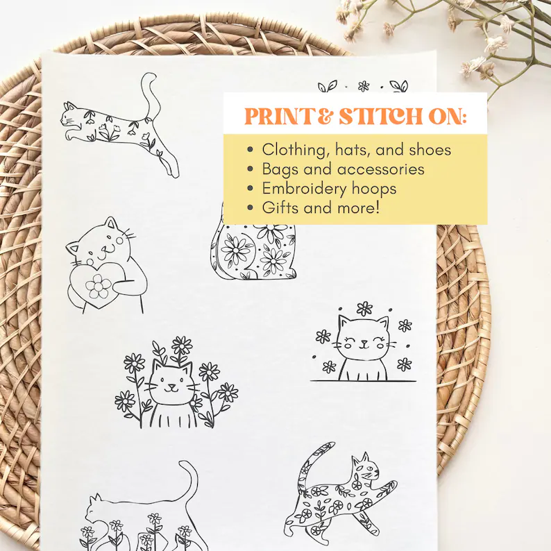 Floral Cat Printable Stick and Stitch Embroidery Templates
