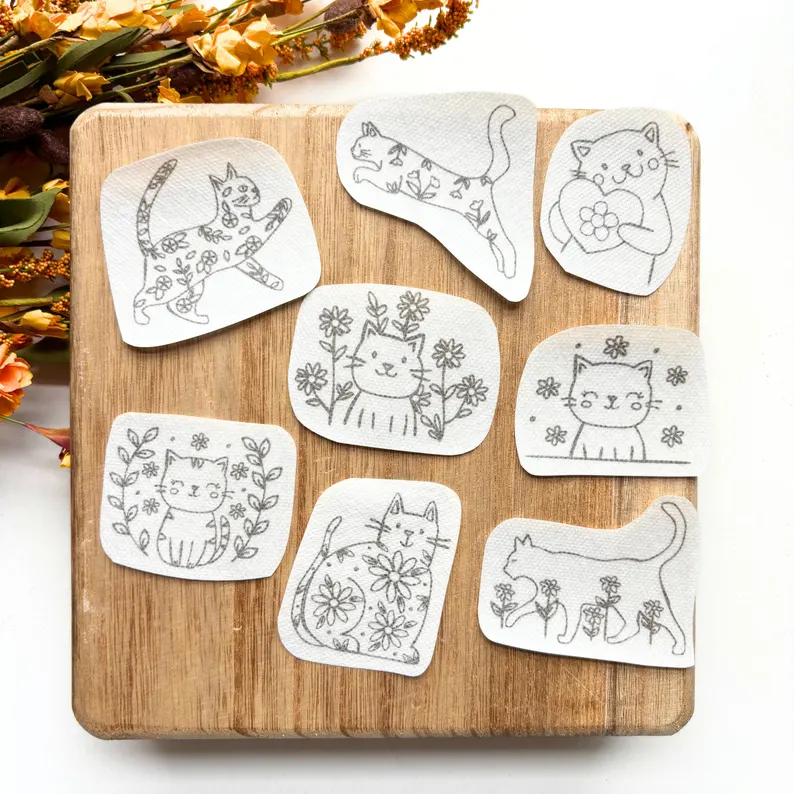 Floral Cat Printable Stick and Stitch Embroidery Templates