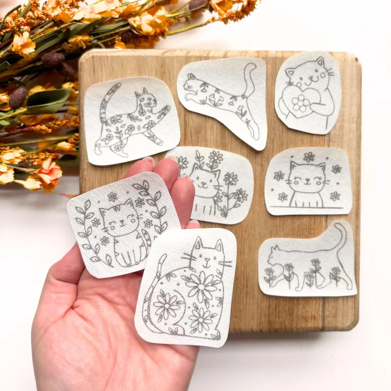 Floral Cat Printable Stick and Stitch Embroidery Templates