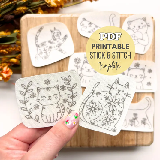 Floral Cat Printable Stick and Stitch Embroidery Templates