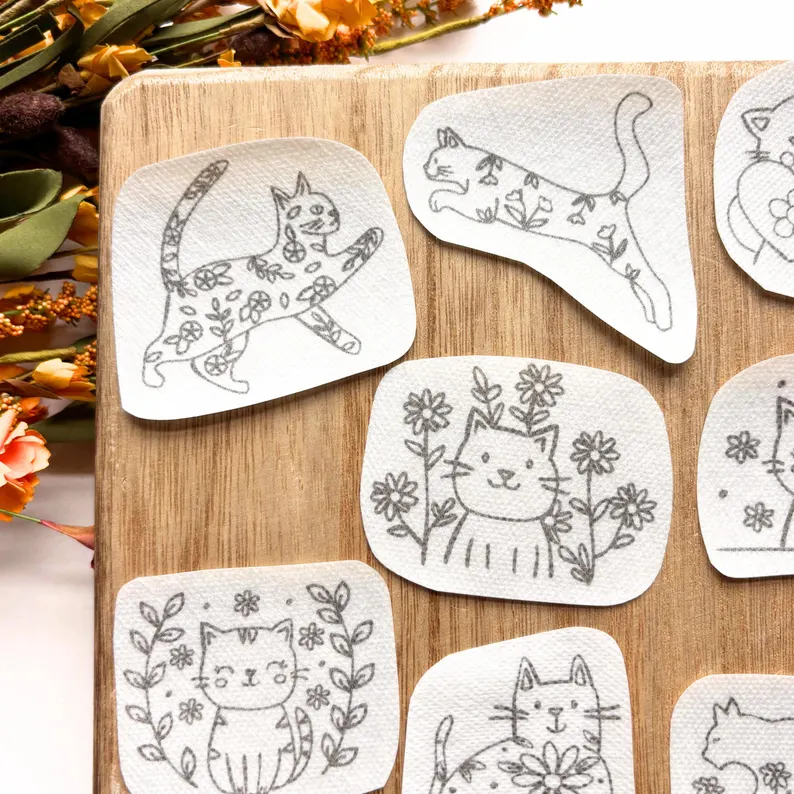 Floral Cat Printable Stick and Stitch Embroidery Templates