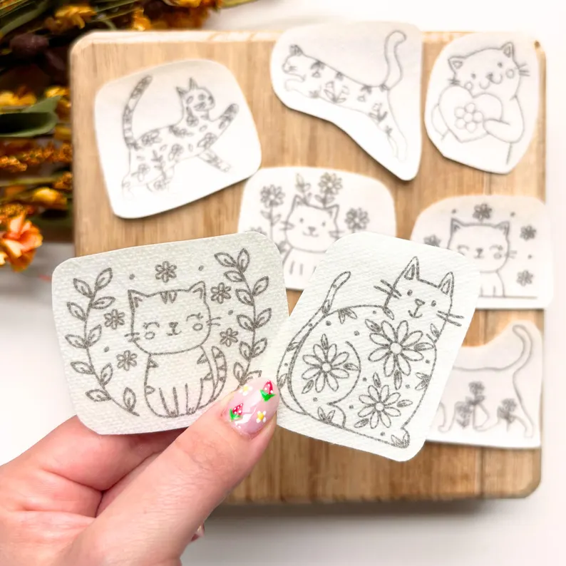 Floral Cat Printable Stick and Stitch Embroidery Templates