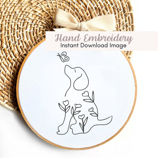Floral Dog Hand Embroidery PDF Hoop Image