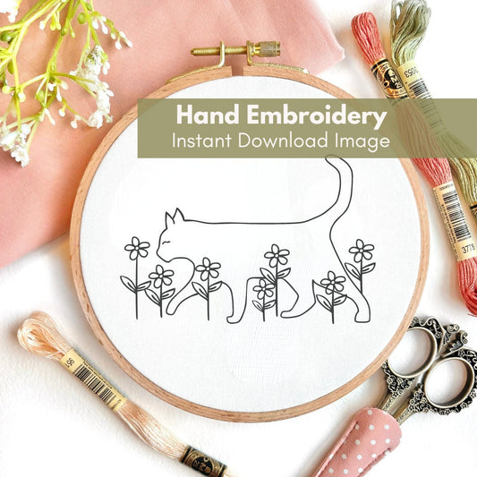 Floral Cat Hand Embroidery PDF Hoop Image