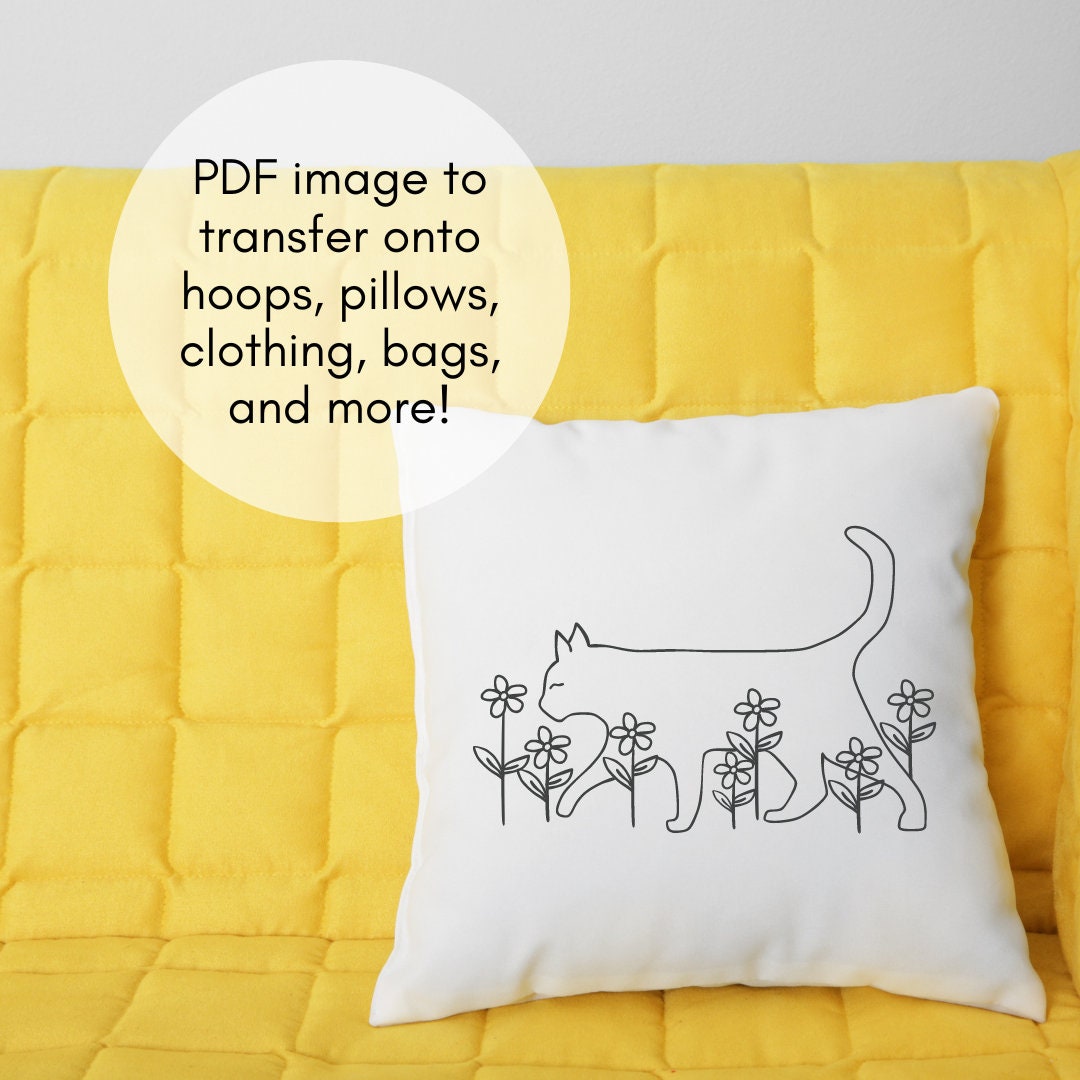 Floral Cat Hand Embroidery PDF Hoop Image