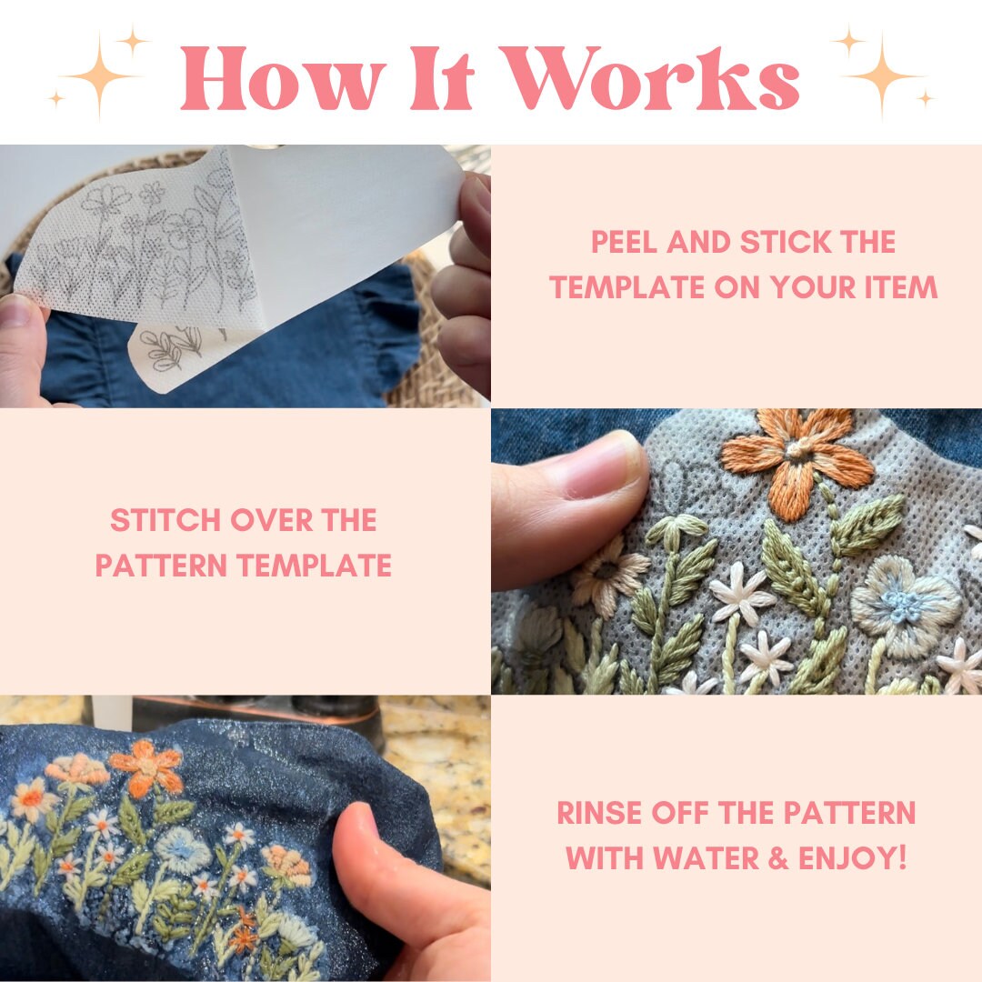 Flower Stick and Stitch Hand Embroidery Pattern, Floral Stick and Stitch Transfer, Embroidery PDF, Hand Embroidery Clothing Stick and Stitch