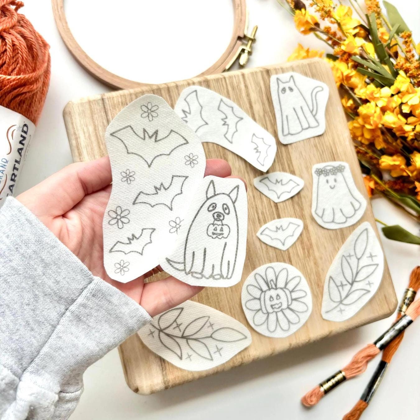 Halloween Stick and Stitch Embroidery Pack, Ghost Stick and Stitch Embroidery for Beginners, Bat Stick on Embroidery Pattern Transfer Patch